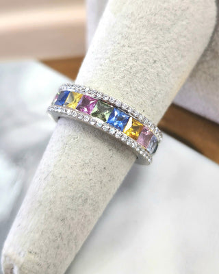 14K Gold Multi-Color Sapphire Princess Cut and Diamond  Eternity Ring Band
