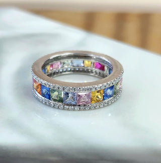 14K Gold Multi-Color Sapphire Princess Cut and Diamond  Eternity Ring Band