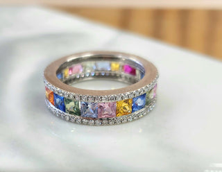 14K Gold Multi-Color Sapphire Princess Cut and Diamond  Eternity Ring Band
