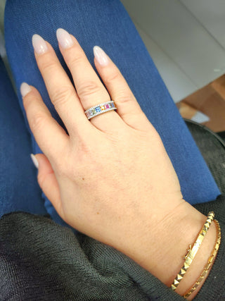 14K Gold Multi-Color Sapphire Princess Cut and Diamond  Eternity Ring Band