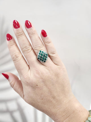 Vintage Platinum Emerald and Diamond Cluster Cocktail Ring