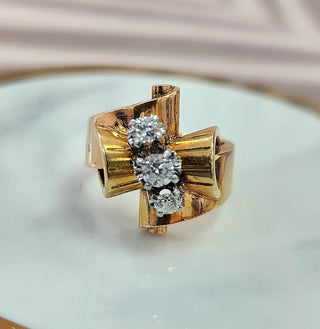Vintage 1940s 18K Rose Gold Cocktail Ring with Old European Cut Diamonds