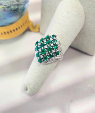 Vintage Platinum Emerald and Diamond Cluster Cocktail Ring