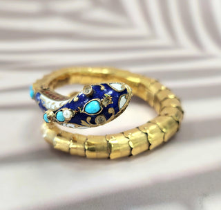 Antique 14K Gold Serpent Cuff Bangle with Turquoise and Pearl