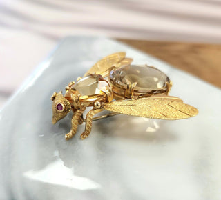 Vintage Italian 18K Gold Fly Brooch with Citrine Gemstone Body & Ruby Eyes