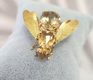 Vintage Italian 18K Gold Fly Brooch with Citrine Gemstone Body & Ruby Eyes