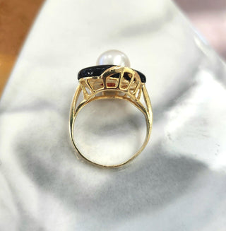 Vintage 14K Gold Onyx Seashell Ring with Pearl & Diamond Accents