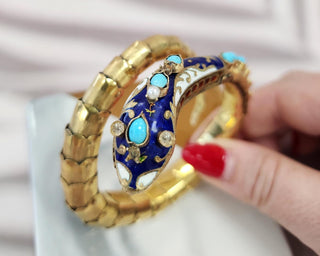 Antique 14K Gold Serpent Cuff Bangle with Turquoise and Pearl