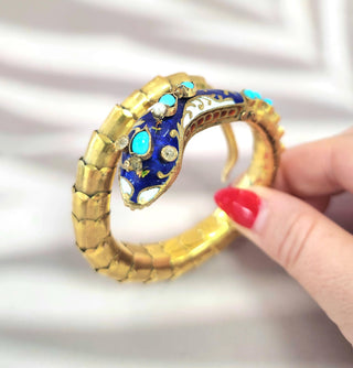 Antique 14K Gold Serpent Cuff Bangle with Turquoise and Pearl