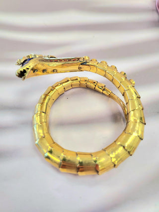 Antique 14K Gold Serpent Cuff Bangle with Turquoise and Pearl