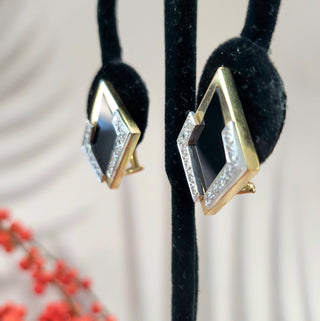 Vintage 14K Gold Kite Shaped Onyx & Diamond Lever Back Earrings