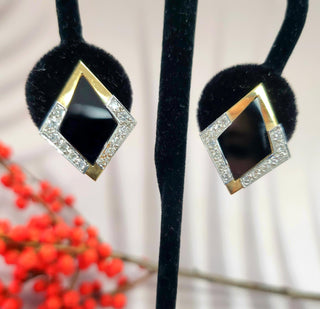 Vintage 14K Gold Kite Shaped Onyx & Diamond Lever Back Earrings