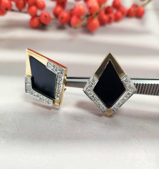 Vintage 14K Gold Kite Shaped Onyx & Diamond Lever Back Earrings