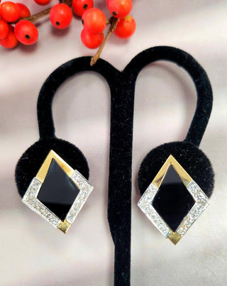 Vintage 14K Gold Kite Shaped Onyx & Diamond Lever Back Earrings