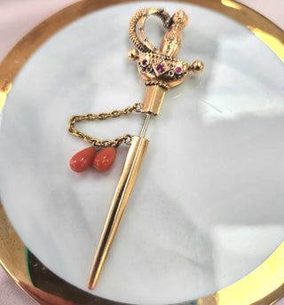 18K Gold Edwardian Sword Brooch Pin with Coral Gemstones