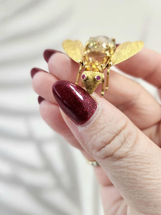 Vintage Italian 18K Gold Fly Brooch with Citrine Gemstone Body & Ruby Eyes
