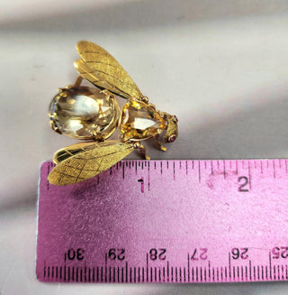 Vintage Italian 18K Gold Fly Brooch with Citrine Gemstone Body & Ruby Eyes
