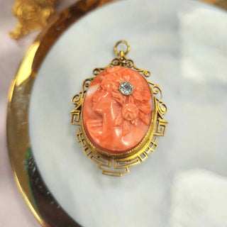 Art Deco 14K Carved Coral Cameo Portrait with Old European Cut diamond Brooch
