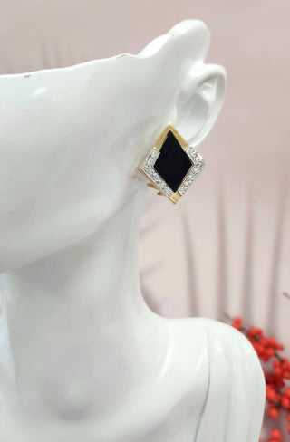 Vintage 14K Gold Kite Shaped Onyx & Diamond Lever Back Earrings
