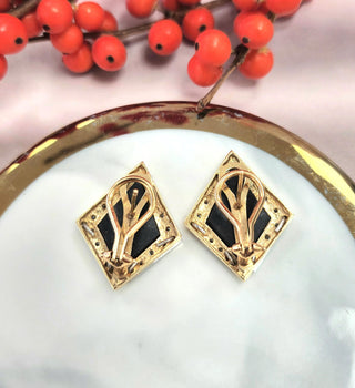 Vintage 14K Gold Kite Shaped Onyx & Diamond Lever Back Earrings