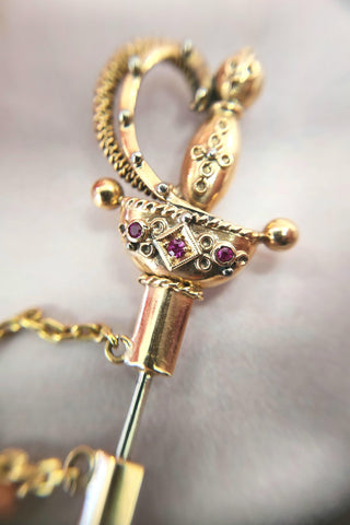 18K Gold Edwardian Sword Brooch Pin with Coral Gemstones