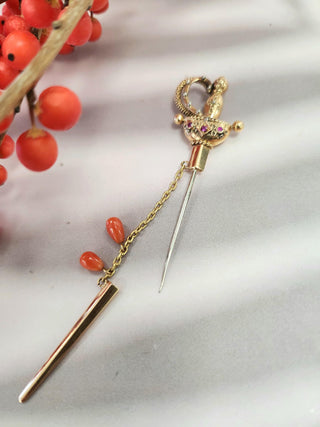 18K Gold Edwardian Sword Brooch Pin with Coral Gemstones