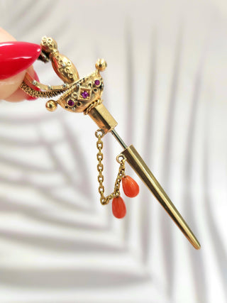 18K Gold Edwardian Sword Brooch Pin with Coral Gemstones