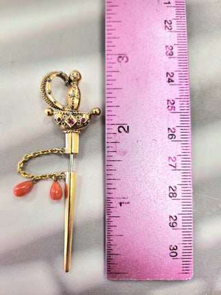 18K Gold Edwardian Sword Brooch Pin with Coral Gemstones