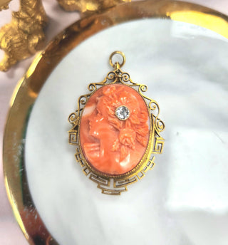 Art Deco 14K Carved Coral Cameo Portrait with Old European Cut diamond Brooch