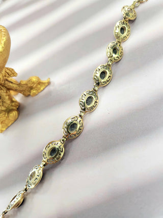 14K Yellow Gold Onyx Greek Pattern Bezel Set Chain Link Bracelet