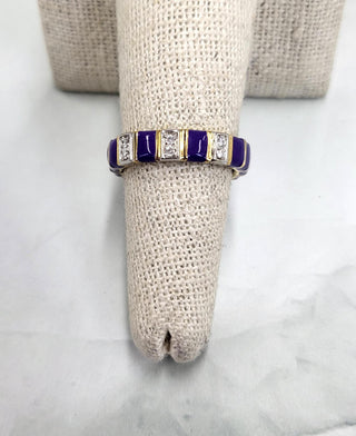 Vintage Italian 18K Gold Mesh Band Ring with Purple Enamel & Diamonds