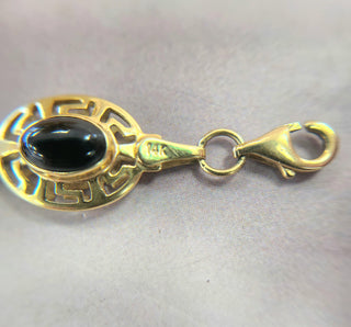 14K Yellow Gold Onyx Greek Pattern Bezel Set Chain Link Bracelet
