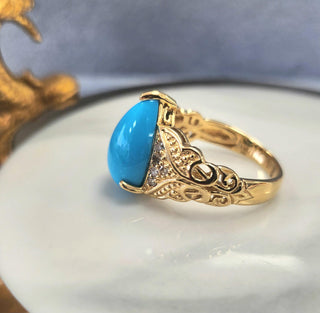 14K Yellow Gold Sleeping Beauty Turquoise Pear Shape & Diamond Ring