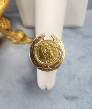 Vintage 14K Yellow Gold Venezuelan Coin Horseshoe Ring
