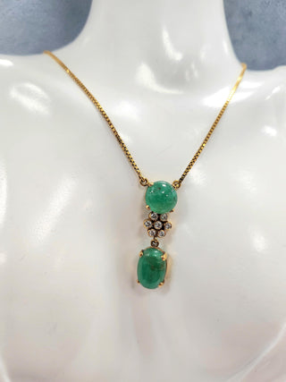 Vintage Emerald Cabochon & Diamond Dangle Necklace 18K Gold Box Chain