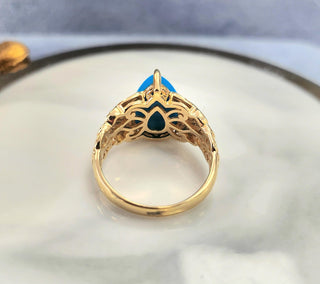 14K Yellow Gold Sleeping Beauty Turquoise Pear Shape & Diamond Ring
