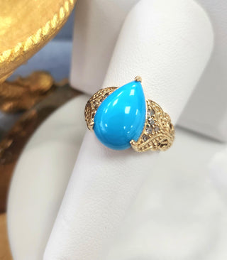 14K Yellow Gold Sleeping Beauty Turquoise Pear Shape & Diamond Ring