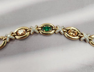 Vintage 14K Gold Emerald, Imperial Topaz & Diamond X Link Bracelet
