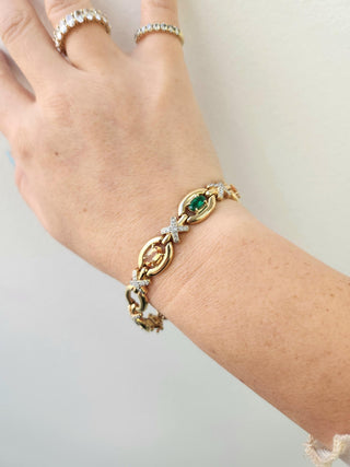 Vintage 14K Gold Emerald, Imperial Topaz & Diamond X Link Bracelet
