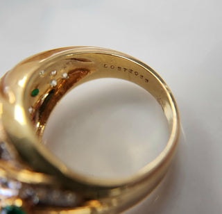 18K Gold Dome Ring with Emerald Cabochon & Pave Diamonds
