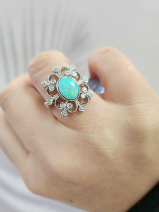 18K White Gold Australian Opal & Diamond Filigree Ring Filigree