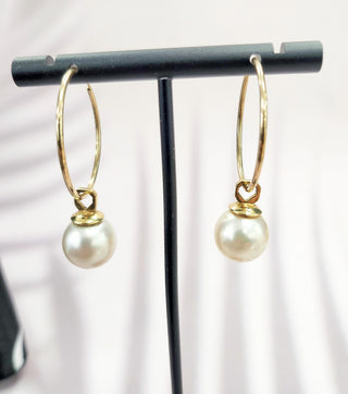 Vintage 18K/14K Gold South Sea Pearl Hoop Dangle Earrings