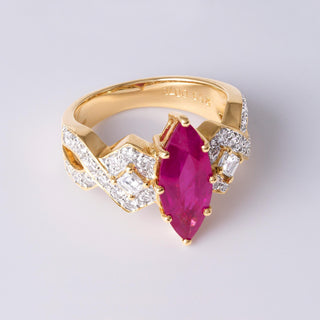 Vintage 2.53 Carat Elongated Ruby Marquise  and Diamond Ring 18K Yellow Gold