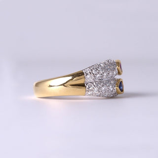 Ruby and Sapphire Pear shape Cabochon and Double Row Pave Diamond Ring Band, 18K