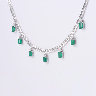 Emerald and Diamond Dangle Necklace on 18k White Gold Cuban Link Chain