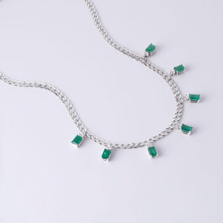 Emerald and Diamond Dangle Necklace on 18k White Gold Cuban Link Chain