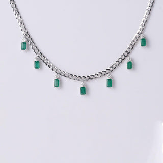 Emerald and Diamond Dangle Necklace on 18k White Gold Cuban Link Chain