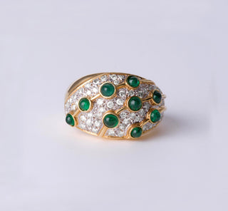 18K Gold Dome Ring with Emerald Cabochon & Pave Diamonds
