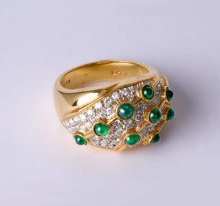 18K Gold Dome Ring with Emerald Cabochon & Pave Diamonds