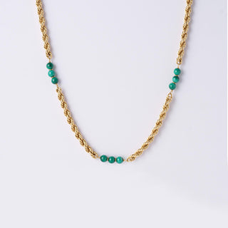Vintage 14K Gold Rope Chain with Malachite Gemstone Beads Long Necklace 26"
